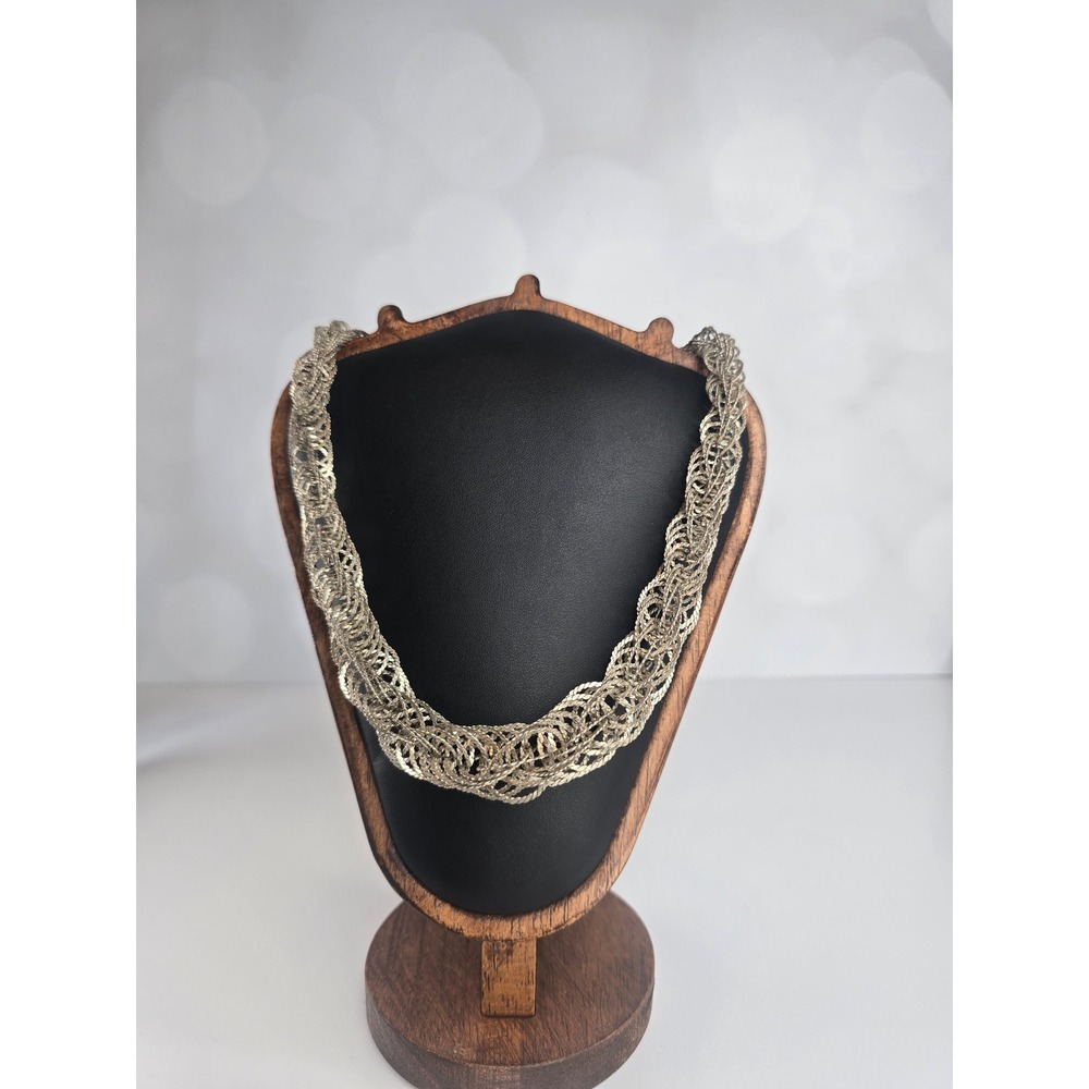 Vintage Silver Tone Multi Strand Woven Mesh Bib Statement Necklace Hook Clasp